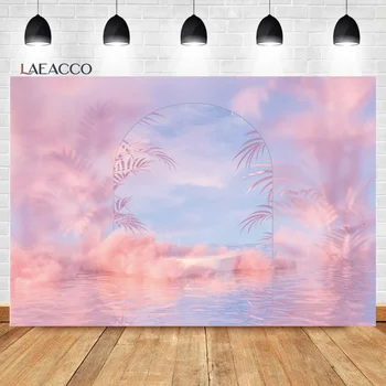 Laeacco Летнее море Пляжный фон для фотосъемки Закат Розовое облако Пальма на берегу моря Свадебный Фон для душа ребенка для фотостудии
