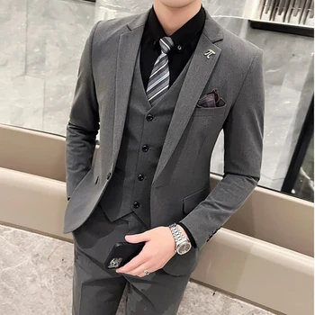 2023 Новейший Серый Деловой костюм для Мужчин, комплект из 3 предметов (Куртка + брюки + жилет), Деловой Офисный костюм в Британском стиле, Мужской костюм