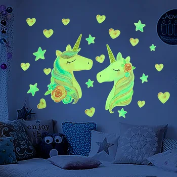 Мультяшные светящиеся наклейки на стену в виде единорога Украшение детской комнаты Для дома Светящиеся в темноте наклейки на стены Флуоресцентные звезды Наклейки Единорог