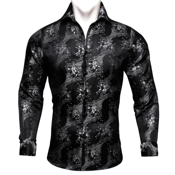 Изысканная черная мужская рубашка Весна-осень с лацканами из жаккарда с длинным рукавом и цветочным рисунком, вечерняя деловая мода Barry.Wang CY-0016