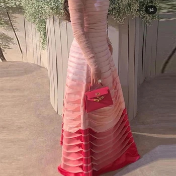 Платье для Выпускного вечера 2023 Розовое Роскошное Вечернее Платье в Складку Длиной До пола с Длинным Рукавом для Женщин Vestidos De Fiesta Elegantes Para Mujer