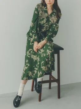 Шикарное платье с вышивкой и принтом на лацканах Женская Весна Осень 2023 С длинным рукавом Элегантное Японское платье с высокой талией на шнуровке