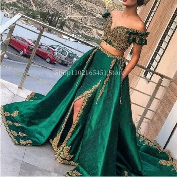 Саудовско-арабские вечерние платья из 2 частей с золотой кружевной аппликацией, платья для выпускного вечера, Кафтан из бисера, Индийский охотник, Зеленая раздельная вечеринка