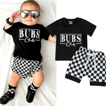 FOCUSNORM, комплекты летней одежды для маленьких мальчиков из 2 предметов, футболка с короткими рукавами и буквенным принтом + шорты с рисунком шахматной доски