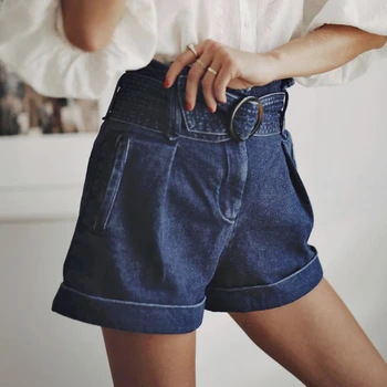 Женские повседневные брюки с высокой талией и закатанными бутонами, расклешенные джинсовые шорты с поясом.