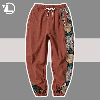 Весенне-осенние Спортивные брюки Мужские Модные Повседневные брюки с цветочной вышивкой в стиле пэчворк, Джоггеры Harajuku для бега трусцой, Шаровары 2023 г.
