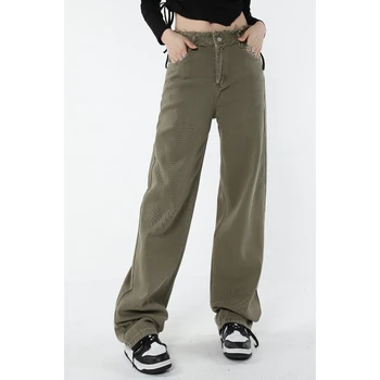 Зеленые женские джинсы с высокой талией, винтажная американская мода, уличная одежда, широкие джинсовые брюки, Мешковатые джинсовые брюки