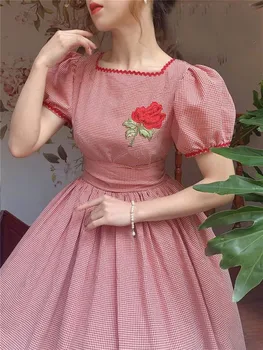 Летнее розовое платье в клетку для романтичной леди, винтажное платье принцессы с пышными рукавами и вышивкой в викторианском стиле для вечеринок