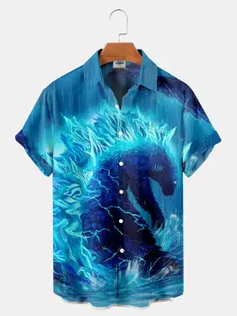 Мужская классическая рубашка с принтом морского монстра, летняя крутая уличная рубашка в стиле мужских и женских пар, короткая рубашка с лацканами на одной пуговице