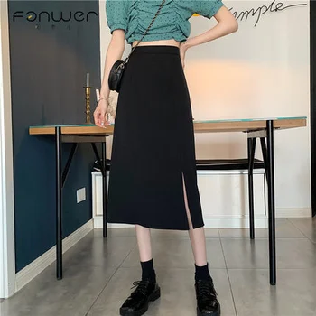 Элегантная модная женская весенне-осенняя темпераментная черная юбка средней длины с высокой талией трапециевидной формы, тонкая юбка с запахом