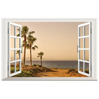 Настенная роспись с видом на море, Приморские пальмы, искусственное 3D окно, Виниловые наклейки на стены, Украшение дома, Обои с пейзажами океанского заката 60 *40 см