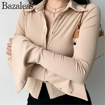 2023 bazaleas store traf Тонкий топ с длинными рукавами, однобортная рубашка с расклешенным воротником и однотонным рукавом, официальная женская одежда