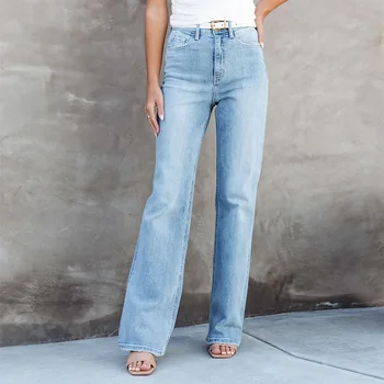Стрейчевые синие женские джинсы с высокой талией, свободные, широкие, уличная одежда, винтажные, модные, выстиранные Джинсы для мамы, прямые брюки