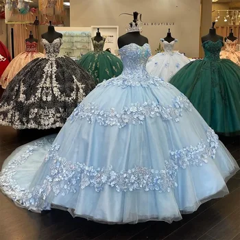 ANGELSBRIDEP Светло-Небесно-Голубые Пышные Платья 3D Ручной Работы С Цветочной Аппликацией С Открытыми Плечами На шнуровке Для Выпускного Вечера Sweet 16 Dress НОВОЕ Поступление
