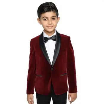 Бордовый бархатный детский костюм, приталенный блейзер для мальчиков, брюки, комплект из 2 предметов, детский костюм для выступления/Официальная одежда для вечеринки по случаю Дня рождения