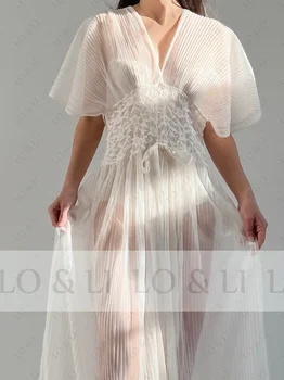 Женское свадебное платье из белого плиссированного тюля LO & LI Ice Cream с цветочным рисунком, халат Materinity с V-образным вырезом для элегантной невесты
