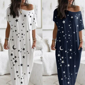 Женское платье миди с коротким рукавом и круглым вырезом с принтом в виде Луны и звезд, повседневное платье с карманами S-2XL 4 вида цветов