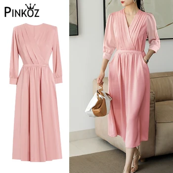 Pinkoz, весна-осень, новый дизайн, плиссированное платье миди с розовым вырезом, короткий рукав, кружевные пояса, элегантные карманы, robe de mujer vestidos