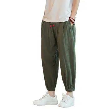 Мужские хлопчатобумажные льняные шаровары, повседневные свободные армейские зеленые штаны для бега трусцой, мужские широкие штаны для йоги в стиле хиппи, пляжные спортивные штаны с завязками, брюки