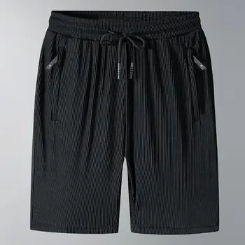 Большие мужские шорты, мода 2023, летние шорты из ледяного шелка, стрейчевые Короткие мужские СВОБОДНЫЕ повседневные Черно-серые пляжные брюки длиной до колен