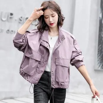 Корейская версия Повседневная женская весенняя куртка Свободное универсальное короткое пальто на молнии и шнурке Женские модные куртки с длинным рукавом U602