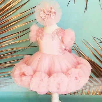 Детское Розовое платье в цветочек для девочек, Атласные свадебные платья принцессы для девочек, Аппликация, Съемный головной убор со шлейфом