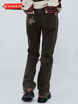 Повседневные джинсы с рваной вышивкой в стиле ретро, прямые облегающие брюки-карго, карманы, выстиранная уличная одежда, мужские джинсовые брюки