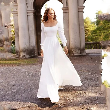 Простое белое свадебное платье с квадратным воротником и длинным рукавом Платья для невесты с классической спинкой и пуговицами Vestido Casamento Robe De Mariee
