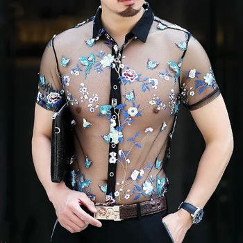 Супер Сексуальная Прозрачная мужская одежда Camisa Hombre Slim Fit, сетчатый мужской топ, прозрачная рубашка в цветочек 4xl