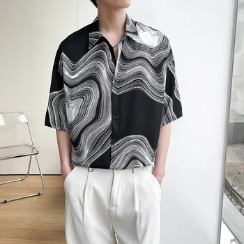 Летняя рубашка с коротким рукавом, Мужская Модная одежда, Корейские рубашки из шелка льда со свободным принтом, Мужские рубашки большого размера M-5XL