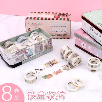 8 рулонов / комплект Бумажной ленты Sakura Washi, Наклейки в железной упаковке, Декоративная лента для свежести Скрапбукинга, принадлежности для журнала Bullett