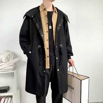 Осенне-зимний тренч 2022, Мужское модное повседневное однобортное длинное пальто, Мужская Свободная куртка-ветровка с капюшоном K72