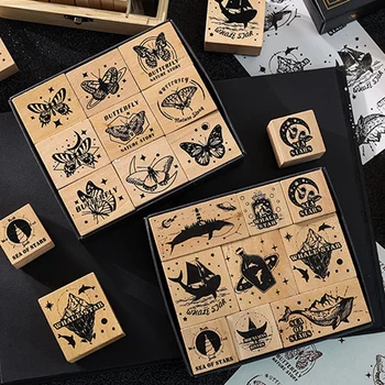 9ШТ Набор деревянных резиновых штампов Vintage Journal Бабочка-кит для украшения открыток в стиле скрапбукинг, тиснение, стандартный штамп для рукоделия