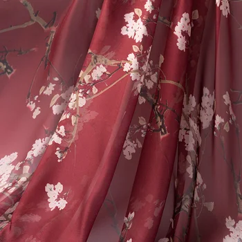 Шифоновая ткань с принтом, Весна-лето, Цветущая слива, древняя одежда Hanfu, платье-рубашка с большим рукавом, Модная дизайнерская швейная ткань