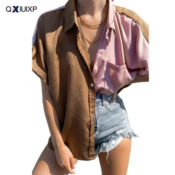 QXIUIXP, Многоцветная Атласная рубашка с коротким рукавом в цветном блоке, Женские Повседневные Свободные топы на пуговицах, женская летняя лоскутная блузка S-XL