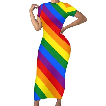 Облегающее платье ЛГБТ-радуги, женский флаг гей-прайда, Элегантные макси-платья, Весеннее эстетическое графическое платье с коротким рукавом Большого размера