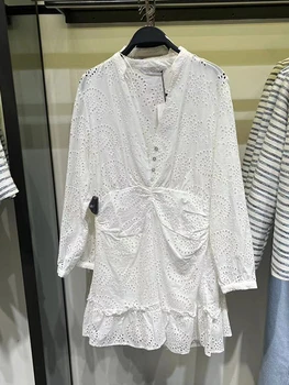 2023 Магазин Bazaleas Магазин женских платьев с вырезанной вышивкой, мини-платье с рюшами, белое элегантное платье с рюшами, официальное