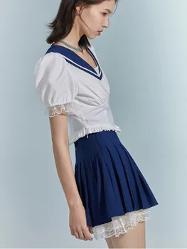 Женская блузка с темно-синим воротником + Японская плиссированная юбка, укороченный топ и юбка в стиле колледжа, летний Корейский милый комплект из двух частей 2022 года