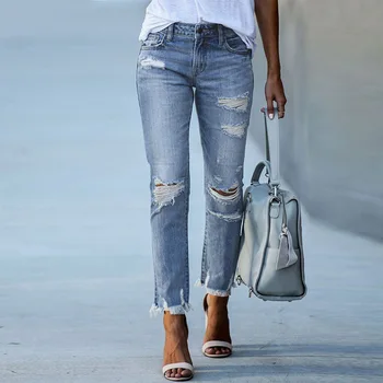 Новые необработанные края, рваные тонкие джинсы, прямые укороченные брюки, женские джинсы wish, женские джинсы для мамы