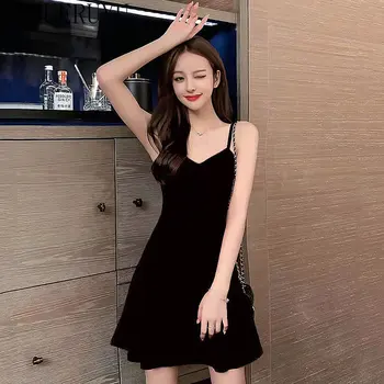 Женское черное мини-платье-комбинация, эстетичная одежда, Корейская мода, элегантные вечерние платья без рукавов для женщин, наряд для ночного клуба 2023 года.
