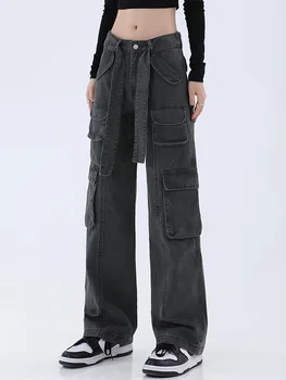 Новые осенние женские темно-серые брюки-карго с высокой талией, широкие джинсы, Мешковатая повседневная мода, множество карманов, уличный стиль Хип-хопа для мам.