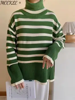 Вязаный Полосатый свитер с высоким воротом, Женский, Осень-зима 2022, Свободные Повседневные женские пуловеры с длинным рукавом, женские джемперы с разрезом по бокам.