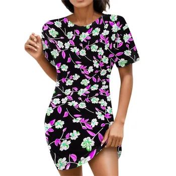 Женская летняя мода, цветочный принт, круглый вырез, футболка с коротким рукавом, платье, приталенные платья для женщин, повседневные летние платья