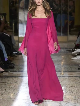 Женское Новое летнее высококачественное модное Розово-красное плиссированное Уникальное подиумное элегантное повседневное платье для вечеринок, Шикарное дизайнерское длинное платье знаменитости