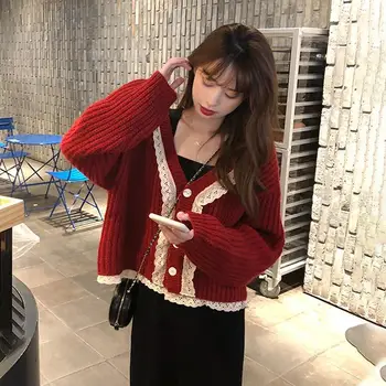 Рождественские свитера для женщин, Кружевной лоскутный кардиган в корейском стиле, новогодний кардиган с V-образным вырезом, шикарные джемперы для школьниц, милые свитера