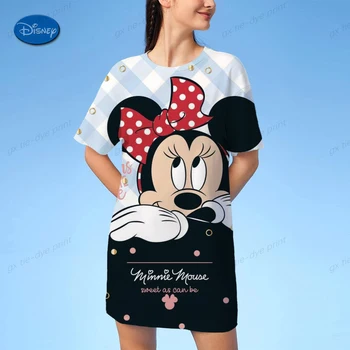 Летнее Повседневное платье-футболка со свободным принтом Disney Mickey Minnie, женские мини-платья с круглым вырезом и крыльями летучей мыши с коротким рукавом, базовый халат Vestidos