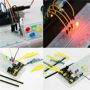 Базовый стартовый комплект электронных компонентов с 830 точками подключения макетного кабеля, резистором, конденсатором, светодиодным потенциометром.