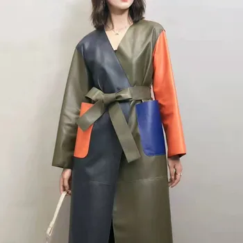 Пальто с цветной строчкой, весенняя женская верхняя одежда X-Long с поясом, высококачественная куртка из натуральной кожи с V-образным вырезом, женская одежда