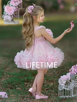 Розовое платье С цветочным узором Для Девочек, Праздничное Платье С Открытыми Плечами, Тюлевые Аппликации, Детские Платья Принцессы На День Рождения, Vestidos De Novia