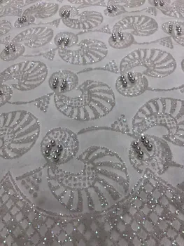 Модная 5 ярдов/лот африканская блестящая кружевная ткань с бисером SU-J13114, вышитое тюлевое кружево с приклеенными блестками для бального платья